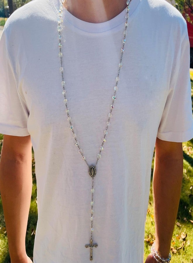 CACALOSS Catholic Rosary Necklace, Jesus Cross, Rainbow Sparkle Crystal Rosary Necklace for Baptism Prayer - Image 5